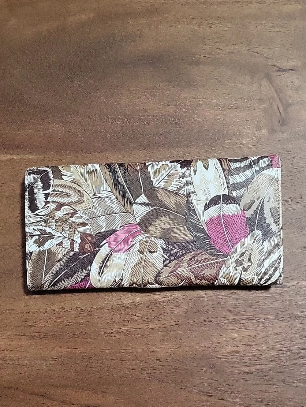 Salvatore Ferragamo Feather Print Leather Wallet in Brown, Pink & Cream - Picture 4 of 16